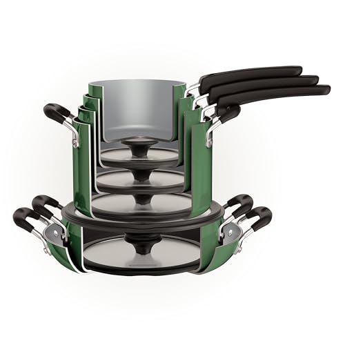 Tramontina Ceramic Non Stick 11-Piece Nesting Pots and Pans Set with Lids - Stackable Nonstick Cookware Set, Dishwasher and Oven Safe, Green