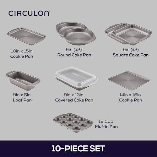 Circulon Total Nonstick Bakeware Set, Metal Baking Pans Set, 10-Piece, Gray