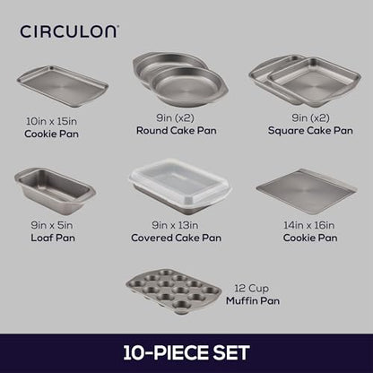 Circulon Total Nonstick Bakeware Set, Metal Baking Pans Set, 10-Piece, Gray