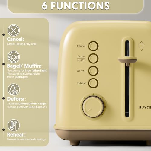 BUYDEEM DT620 2-Slice Toaster, 7 Shade Settings, Extra Wide 1.5'' Slots for Bagel & English Muffin, 6 Toasting Functions, Retro Stainless Steel Toaster with High Lift Lever, Mellow Yellow