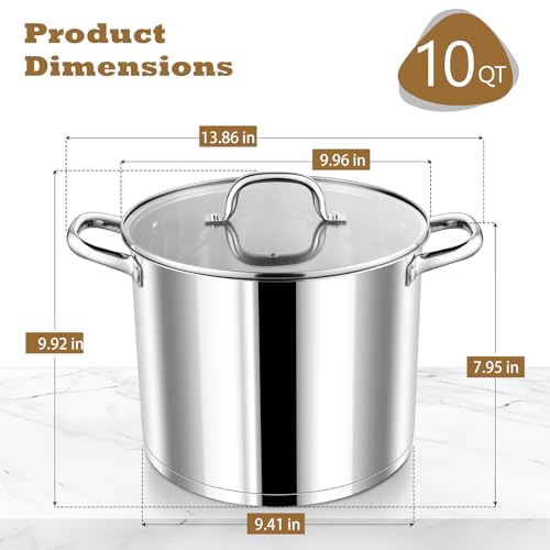 P&P CHEF 10 QT Stock Pot with Lid, Stainless Steel Large Cooking Pot, Soup Canning Stockpot for Stewing Simmering, Tri-ply Bottom for All Stoves, Heavy-Duty &Dishwasher Safe & Food-Grade