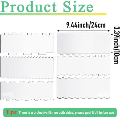 6-Piece Clear Acrylic Cake Decorating Scraper Set – Large Icing Smoothers and Edge Combs for Buttercream, Frosting, Mousse, and Baking Projects