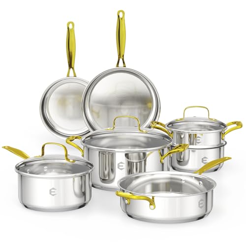 Stainless Steel Cookware Set, Tri-Ply Pots and Pans Set, 26 Piece Kitchen Cooking Utensils Set with Lids, Gold Grip Handles, Induction, Oven, Non-Toxic, Dishwasher Safe, Professional Chef Quality