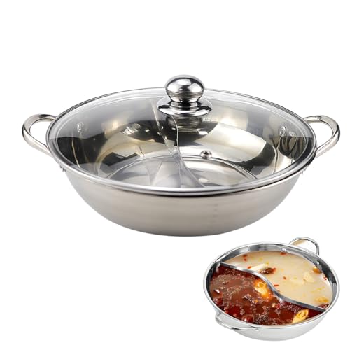 Stainless Steel Divided Hot Pot, 11 Inch Double Sauce Pot, Weldless Two-Flavor Soup Shabu for Induction Cooktop and Gas Stove