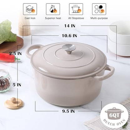 E-far Enameled Dutch Oven Pot for Bread Baking, 6QT Enameled Cast Iron Cookware with Self-Basting Lid & Sourdough Bread Baking Supplies, Heavy Duty Casserole Pot & Dual Handles-Khaki