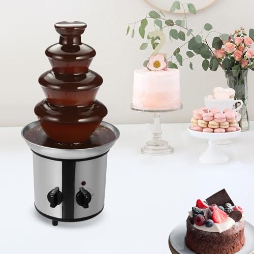 4-Tier 61oz Chocolate Fountain, 170W Stainless Steel Dessert Cascade, 110V Cheese Warmer Tower Caramel Dispenser Candy Melter with Heated Base & Detachable Tiers for Dipping Strawberries Marshmallows