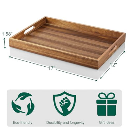 2 Pack Acacia Wood Serving Tray with Handles - 17 Inch Large Wooden Tray for Ottoman, Breakfast in Bed, Dinner, Coffee Table