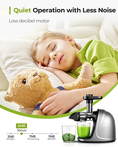 Juicer, Jocuu Slow Masticating Juicer Machines Easy to Clean, Soft/Hard Two Speed Quiet Motor Reverse Function Anti-Clogging, Cold Press Juice Extractor with Brush & Recipes