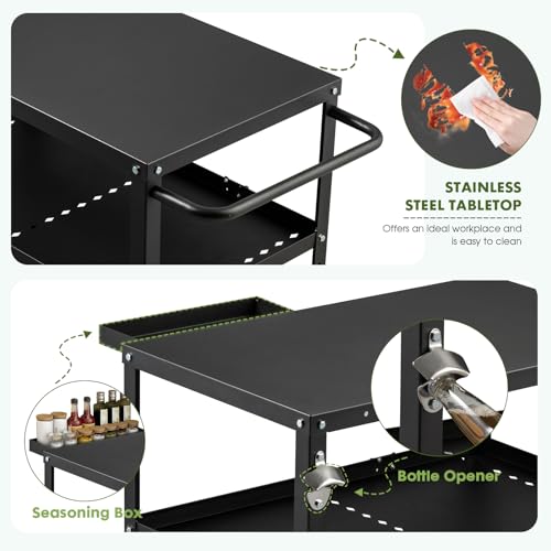 GVGBUK Outdoor Grill Cart Table,Indoor and Outdoor Pizza Oven Table,with 4 Movable Total Lock Casters, Hooks, Side Handle Multifunctional (Black) (Black)