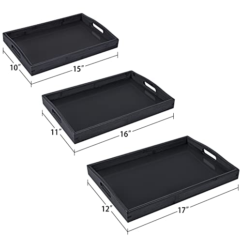 3 Pack Bamboo Serving Trays with Handles, Rectangular Kitchen Food Tray for Eating, Dinner Trays for Eating on Couch, Wood Serving Platter for Breakfast, Tea, Bar, Restaurant, Party or Bed (Black)