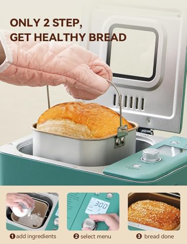 Neretva Bread Maker, 20-IN-1 2LB Bread Machine Dual Heater Bread Maker Machine Automatic with Nonstick Ceramic Pan, 15H Timer & 1H Keep Warm Set, Low Noise, Stainless Steel Breadmaker Recipe-Green