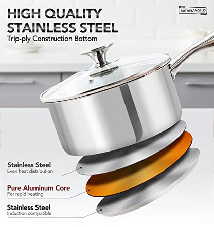 MICHELANGELO 3 Quart Saucepan with Lid, Thick Bottom Sauce Pan Stainless Steel Saucepan with Cover, Nonstick Sauce Pot, Induction Compatible