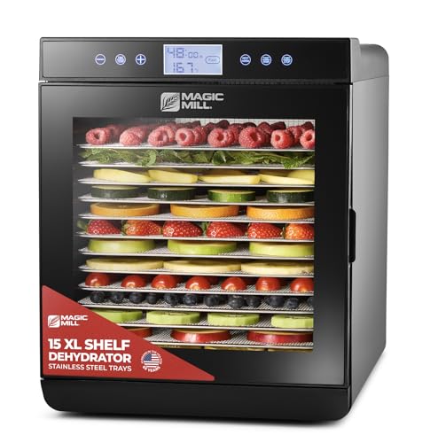 Magic Mill Premium Food Dehydrator Machine (15 Extra-Large Stainless Steel Trays) 800W Dryer for Beef Jerky, Fruits, Vegetables, Dog Treats, 48 Hour Digital Timer - 95°-167° Temperature Control