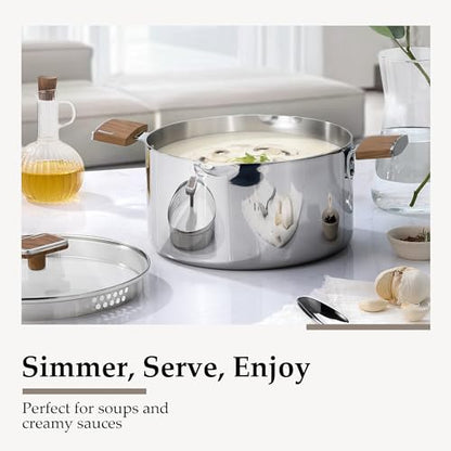 CAROTE 6QT Stainless Steel Stock Pot with Glass Lid, Large Soup Pot with Wood-Grain Handles, Deep Pot for Soup, Pasta & Stew