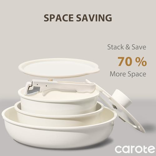 CAROTE 5pcs Pots and Pans Set Non Stick, Cookware Sets, Kitchen Set, Oven/Fridge Safe, Space Saving Pots Set, Nonstick Cooking Set with Versatile Detachable Handle, Induction RV Set