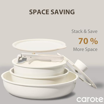 CAROTE 5pcs Pots and Pans Set Non Stick, Cookware Sets, Kitchen Set, Oven/Fridge Safe, Space Saving Pots Set, Nonstick Cooking Set with Versatile Detachable Handle, Induction RV Set
