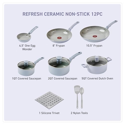 T-Fal Refresh Ceramic Nonstick Cookware Set, 12-Piece Nonstick Cookware, Oven Safe to 350°F, Stockpot, Griddle, Frying Pans, Utensils, Ceramic Pots and Pans Set, Blue