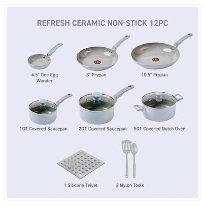 T-Fal Refresh Ceramic Nonstick Cookware Set, 12-Piece Nonstick Cookware, Oven Safe to 350°F, Stockpot, Griddle, Frying Pans, Utensils, Ceramic Pots and Pans Set, Blue