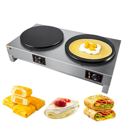 HNZXIB Commercial Electric Crepe Maker, 16 Inch Non‑Stick Cast Iron Griddle, Independent Temperature Control 122℉‑572℉, 6KW High Power Crepe Machine for Restaurant, Snack Bar, Food Stall - Double