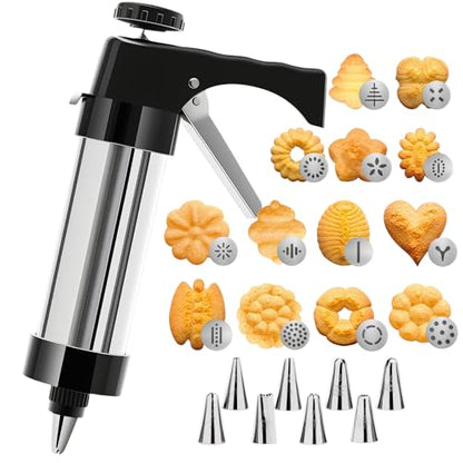 Stainless Steel Cookie Press Gun with 13 Discs & 8 Icing Nozzles, Baking Tools Set, for Effortless Cookie Making and Frosting Decoration