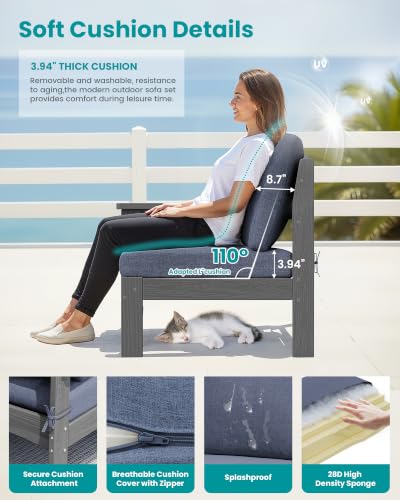 SERWALL 9 Pieces Patio Sofas, HDPE Outdoor Sectional Sofa Couch Set, Grey