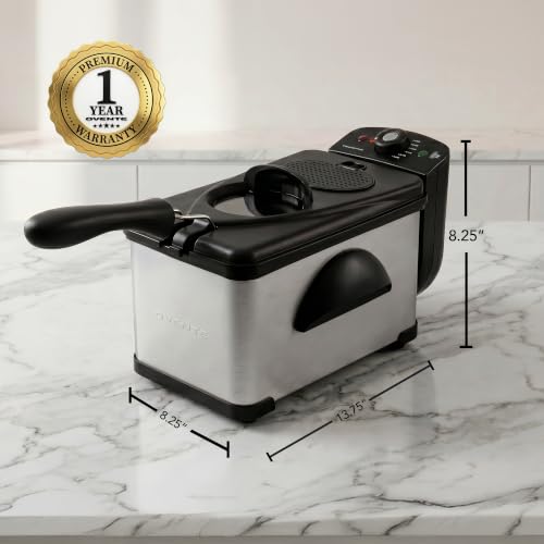 OVENTE Electric Deep Fryer 2 Liter Capacity, 1500 Watt Lid with Viewing Window and Odor Filter, Adjustable Temperature, Removable Frying Basket and Easy to Clean Stainless Steel Body, Silver FDM2201BR