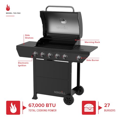Nexgrill 5-Burner Gas Grill with Side Burner, 67,000 BTUs, 618 SQ. In. Cooking Area, Propane BBQ Grill with Stainless Steel Panel for Outdoor Cooking, Patios, and More - 720-1142