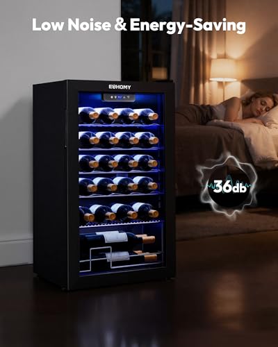 EUHOMY 25 bottle Wine Cooler Refrigerator, Freestanding Compressor Wine Fridge with Adjustable Temperature and Digital Control, Mini Fridge with Glass Door for Red White Wine, Beer, Black