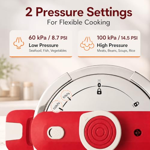 MICHELANGELO Stovetop Pressure Cooker Stainless Steel, 6.3 qt, 304 Stainless Steel, 6-Fold Safety System, One-Hand Easy-Open Lid, 2 Pressure Settings, Steamer Basket & Glass Lid, Induction Compatible