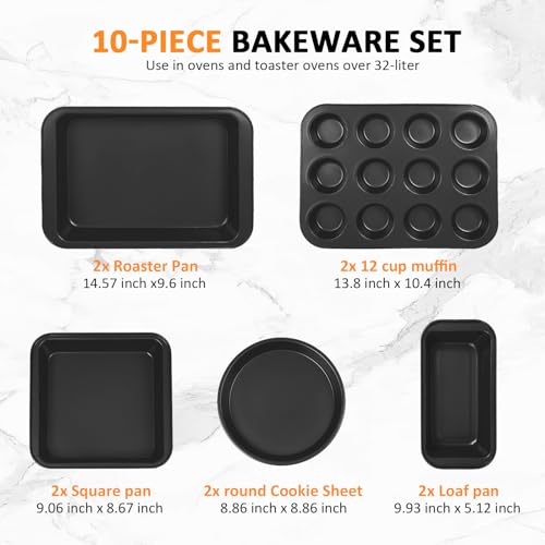 KOOMADE 10PCS Nonstick Baking Pans Set - Bakeware Sets for Cooking, Oven and Dishwasher Safe, Non Toxic, Includes Cookie Sheets for Baking, Muffin Pan, Bread Pan, Cake pan, Loaf Pan Roasting Pan Black