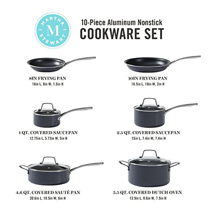 Martha Stewart Lockton Premium Nonstick 10 Piece Enamel Heavy Gauge Aluminum Pots and Pans Cookware Set - Grey