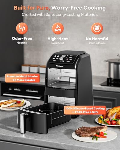 12QT Large Double Air Fryer, Family-Size Dual Airfryer with 2 Baskets, SyncHeat Even Heating, Stacked Compact Design, Smart Finish & Match Cook, PFAS-Free Nonstick, Dishwasher-Safe, Black