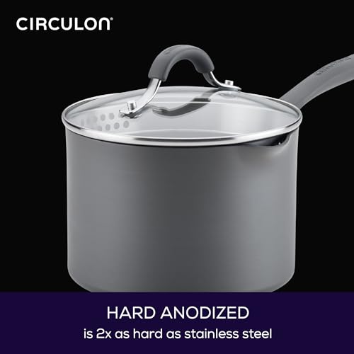Circulon Radiance Hard-Anodized Nonstick Saucepan, Durable Nonstick Cookware, Sauce Pan with Straining Lid, 3-Quart, Gray