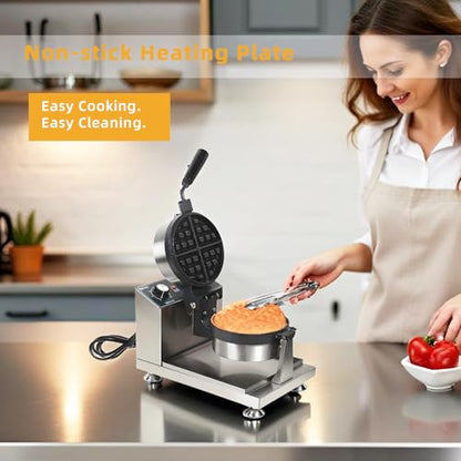 Hehinton® 110V 1300W Commercial Belgian Waffle Maker, Rotatable Croffle Machine with 122-572℉ Temp Control, 0-5min Timer, φ7"X1.2" Thick Non-Stick Liege Waffle Maker