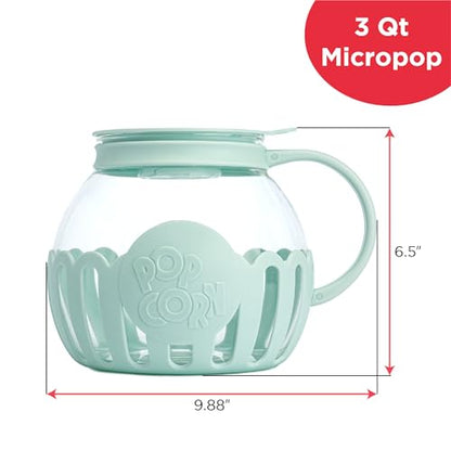 Ecolution Patented Micro-Pop Microwave Popcorn Popper with Temperature Safe Glass, 3-in-1 Lid Measures Kernels and Melts Butter, Made Without BPA, Dishwasher Safe, 3-Quart, Aqua