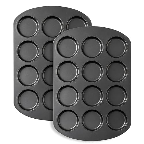 Tiawudi Muffin Top Pan, 12 Cavity Cupcake Pan, 3 Inch Nonstick Bakeware for Eggs, Cornbread, Cookies, Whoopie Pies and Yorkshire Pudding, Set of 2