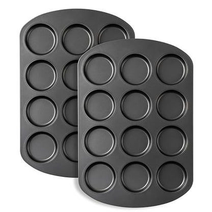 Tiawudi Muffin Top Pan, 12 Cavity Cupcake Pan, 3 Inch Nonstick Bakeware for Eggs, Cornbread, Cookies, Whoopie Pies and Yorkshire Pudding, Set of 2