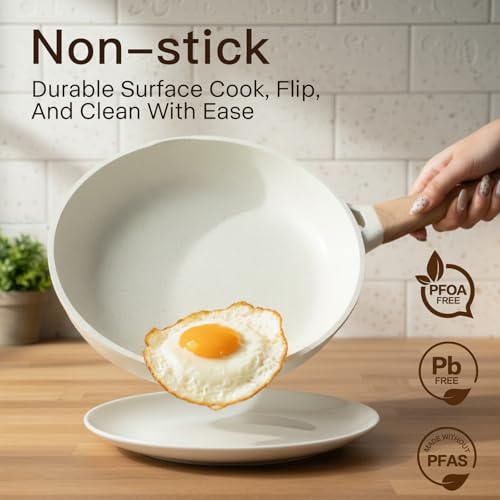 USELUCK Pots and Pans Set Non Stick Non-Toxic 22 Pcs Ceramic Cookware Sets Nonstick Kitchen Pot&Pan With Lid Cream White Granite Induction Compatible with Glass Lids Crepe Frying Pan PFOA/PFOS-Free