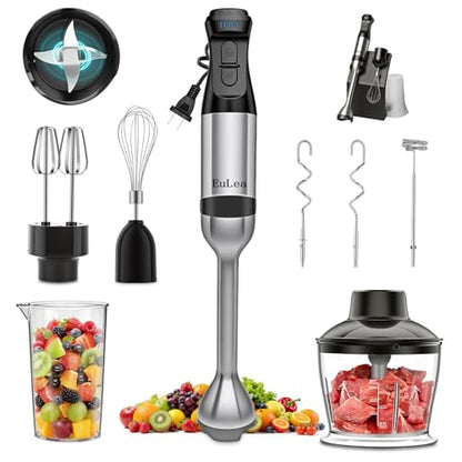 EuLea 8-in-1 Hand Blender 1200W 5-Speed, Immersion Stick Blender Set with Meat Grinder Dough Hooks Whisk Mixing Cup Storage Rack, for Smoothie Soup Puree Food Dough