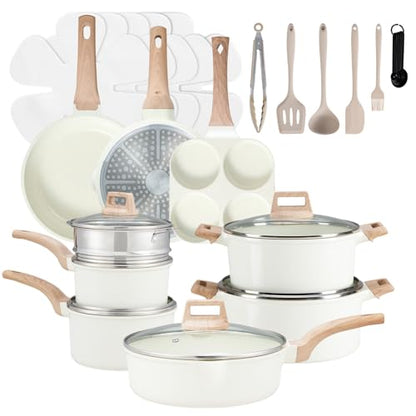 NEWBULIG 25-Piece Nonstick Cookware Set, Granite Pots and Pans with Lids, Induction Compatible Nonstick Cooking Set with Frying Pans & Saucepans, Cream White