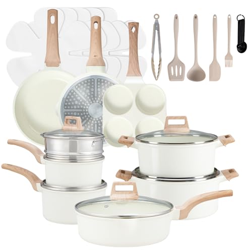 Sweetcrispy Pots and Pans Set, 25 Pcs Nonstick Kitchen Cookware Set, Induction Kitchen Cooking Set, Non-Toxic Frying Pans & Saucepans (PFOA/PFOS Free) Beige