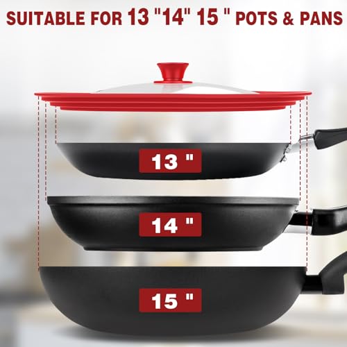 Extra Large 13-14-15 in Universal Lid for Oversized Pots, Pans and Skillets, Pot Lid Tempered Glass Lid with Heat-Resistant Silicone Edge, Cookware Lids, Replacement Frying Pan Cover