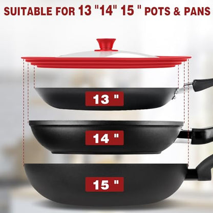 Extra Large 13-14-15 in Universal Lid for Oversized Pots, Pans and Skillets, Pot Lid Tempered Glass Lid with Heat-Resistant Silicone Edge, Cookware Lids, Replacement Frying Pan Cover
