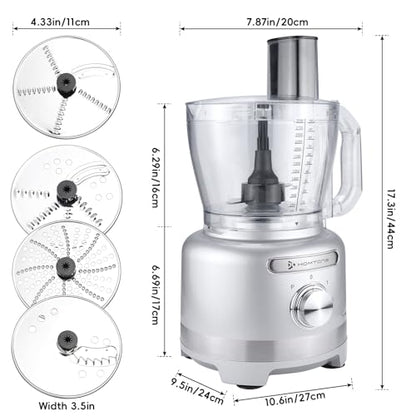 Homtone 16 Cups Food Processor, Large Food Chopper with French Fry Cutter, 9 Functions 7 Blades for Shredding, Slicing, Doughing for Home Use, 3 Speeds, 600W