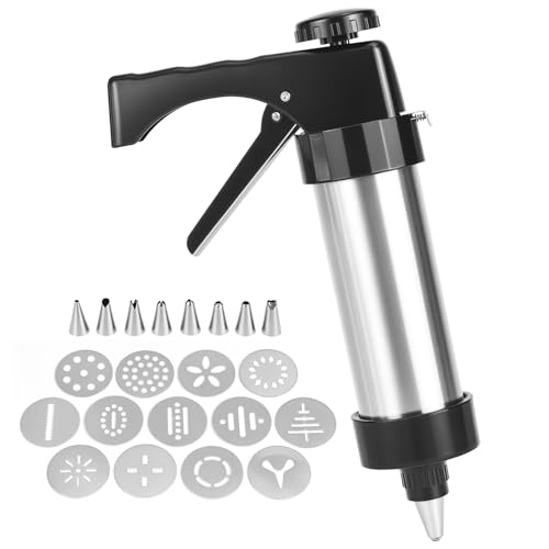 QWORK Stainless Steel Cookie Press Kit – 13 Discs & 8 Tips for Soft Dough, Frosting & Baking Decor