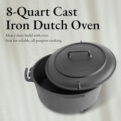 Volcano Grills 8-Quart Cast Iron Dutch Oven with Legs & Lid, Pre-Seasoned Vintage Style Camping Pot, Outdoor Campfire Cooking, Charcoal Lid, Heavy Duty Black Cast Iron, Camping, BBQ & Outdoor Cooking