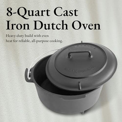 Volcano Grills 8-Quart Cast Iron Dutch Oven with Legs & Lid, Pre-Seasoned Vintage Style Camping Pot, Outdoor Campfire Cooking, Charcoal Lid, Heavy Duty Black Cast Iron, Camping, BBQ & Outdoor Cooking