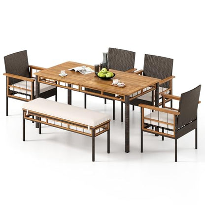 Tangkula 6 Pieces Patio Dining Table Set, Outdoor Rectangular Acacia Wood Table with 1.97” Umbrella Hole & Cushioned Backless Bench & 4 Armchairs, for Garden, Deck, Yard