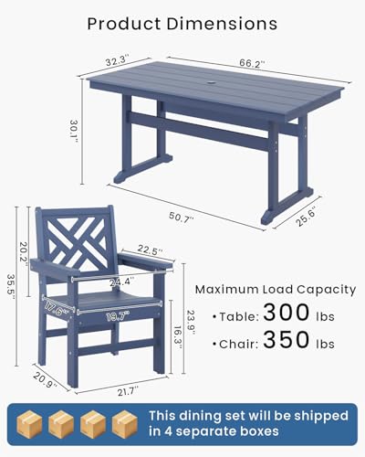 BIVODA 7-Piece Outdoor Dining Set, HDPE All-Weather Patio Table and Chairs Set for 6, Outdoor Patio Furniture Sets with Umbrella Hole for Outside, Deck, Backyard, Garden (Navy Blue)