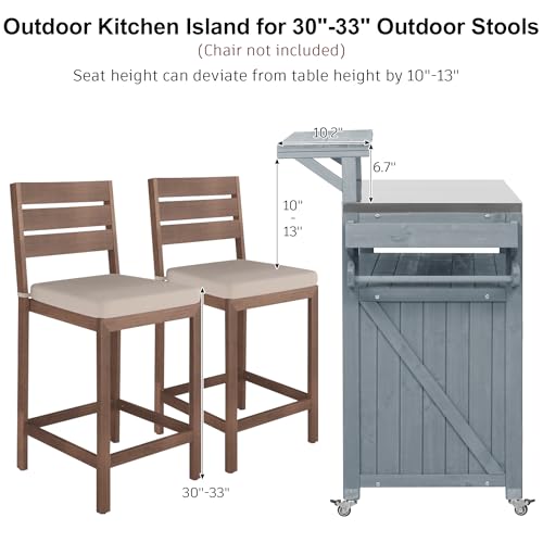 Karzibo 53.4" Farmhouse Outdoor Kitchen Island, Solid Wood Rolling Grill Cart with Stainless Steel Top, Raised Shelf, Internal Storage Rack, Adjustable Shelf & Spice Rack (Grey Blue)